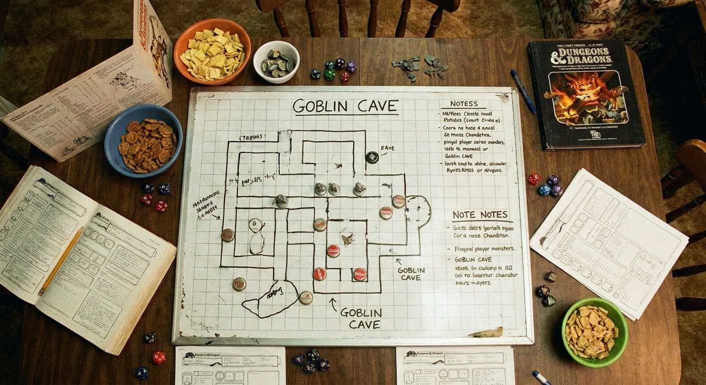 A hand-drawn 'Goblin Cave' battlemap on a wooden table, surrounded by bottle caps, dice, character sheets, an open AD&D book, and snack bowls.