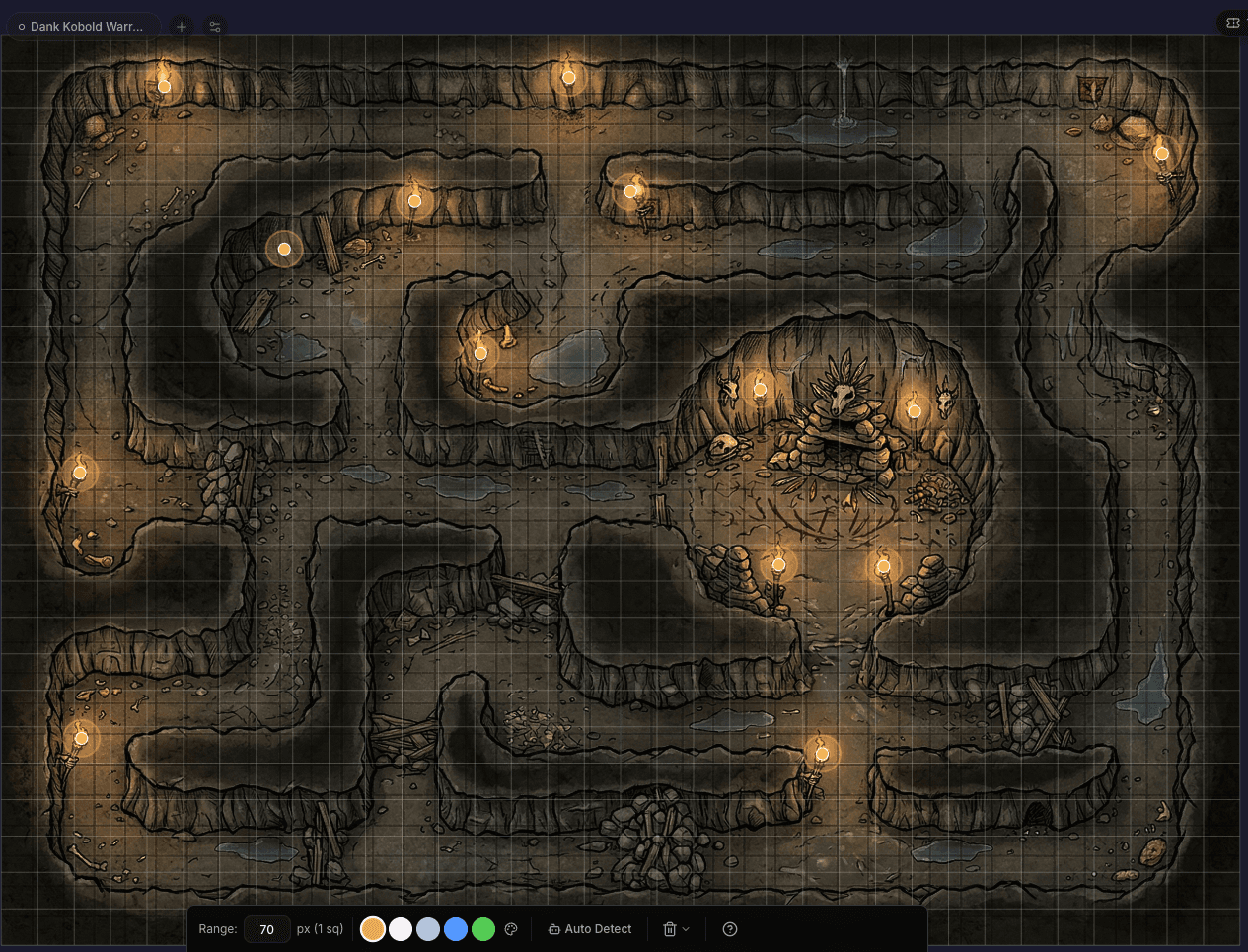 VTT canvas with generated map, tokens, and lights