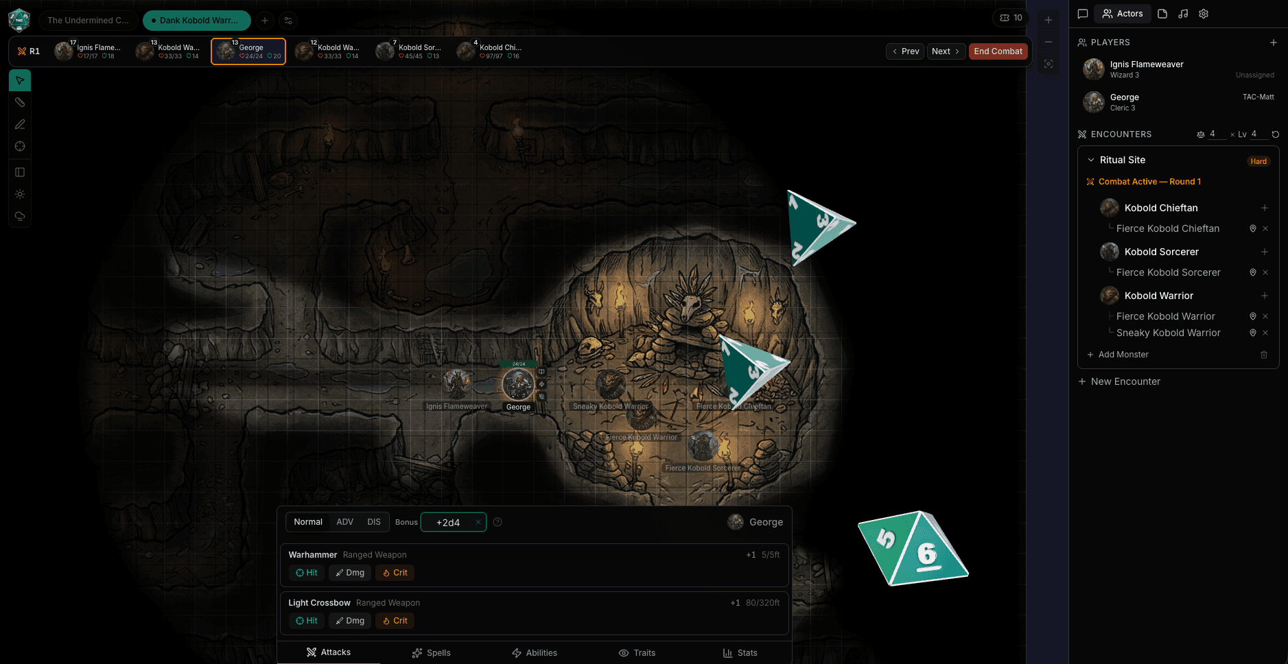 Combat in action with dice rolling and initiative tracker